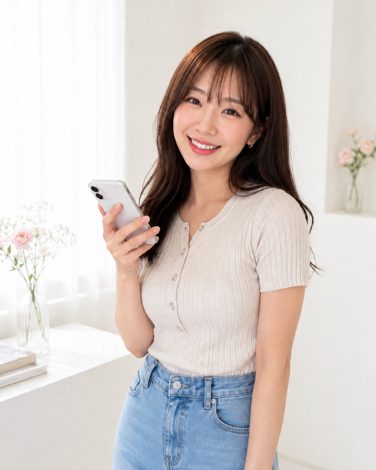 スマートフォンを持つ笑顔の女性